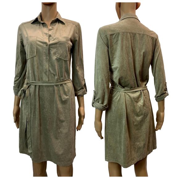 Max Studio Soft Ultra Suede Shirt Dress Tie Belt | Khaki Tan | XS - Picture 1 of 10
